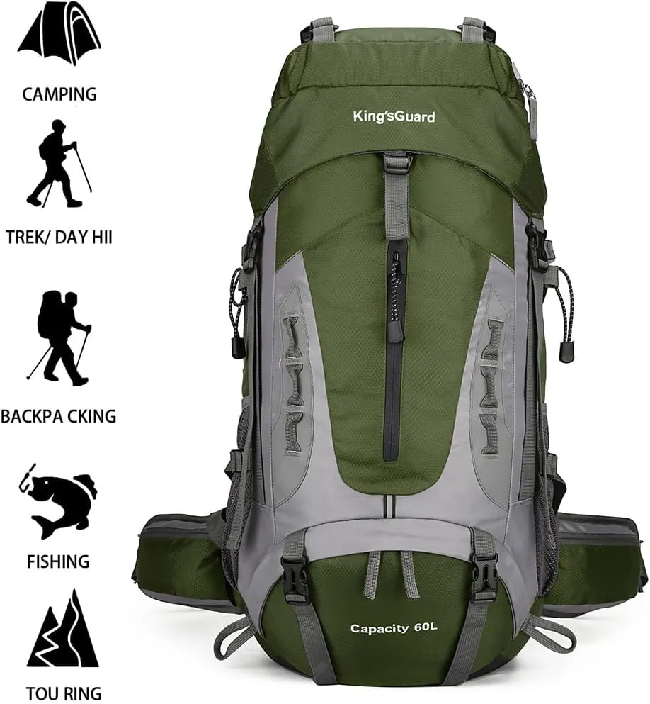 King'sGuard 60L Hiking Backpack Men Women Camping Backpack Waterproof Backpacking Mountaineering Climbing Daypack with Rain Cover (Army Green)