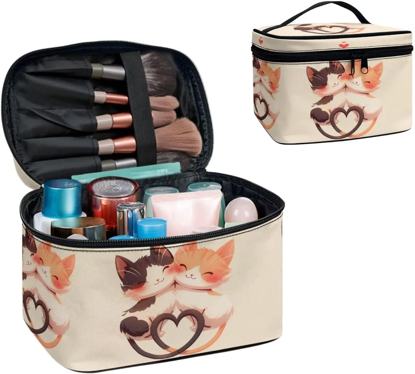 Kitty Cat Lover Makeup Bag for Women Cartoon Cats Couple Large Zipper Make Up Pouch, Beige Dopp Kit Organizer Bag for Toiletries Accessories