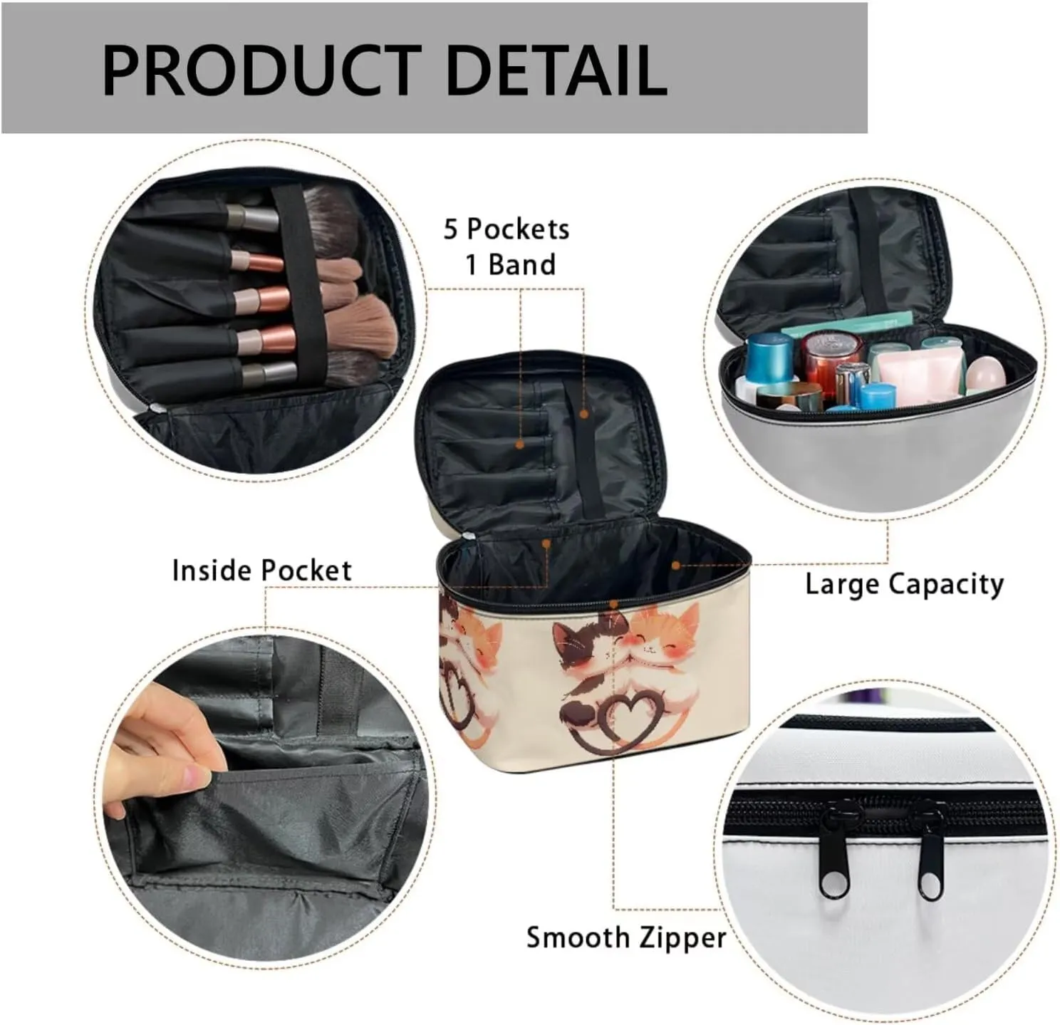 Kitty Cat Lover Makeup Bag for Women Cartoon Cats Couple Large Zipper Make Up Pouch, Beige Dopp Kit Organizer Bag for Toiletries Accessories