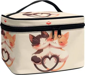 Kitty Cat Lover Makeup Bag for Women Cartoon Cats Couple Large Zipper Make Up Pouch, Beige Dopp Kit Organizer Bag for Toiletries Accessories