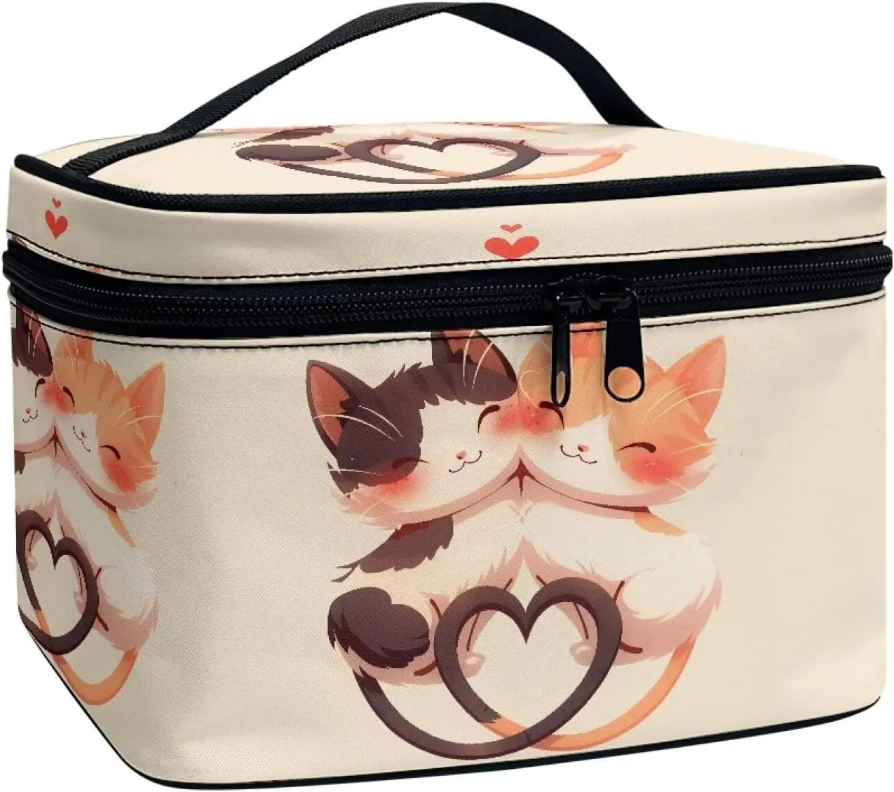 Kitty Cat Lover Makeup Bag for Women Cartoon Cats Couple Large Zipper Make Up Pouch, Beige Dopp Kit Organizer Bag for Toiletries Accessories