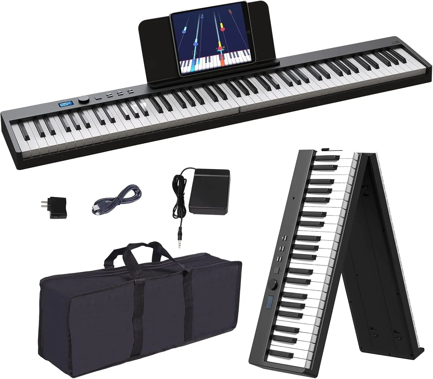 KONIX Foldable Piano Keyboard, 88 Key Full Size Semi Weighted Folding Piano Keyboard, Bluetooth Portable Electronic Keyboard Piano with Sheet Music Stand, Sustain Pedal and Piano Bag, Black