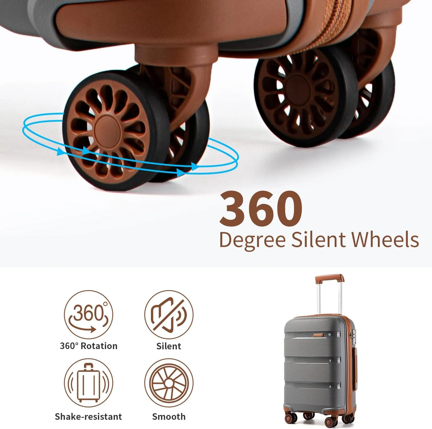 Kono Luggage Sets 3 Piece Hard Shell Travel Trolley 4 Spinner Wheels Lightweight Polypropylene Suitcase with TSA Lock, Grey/Brown 3 piece set (DB/TB/20 inch)