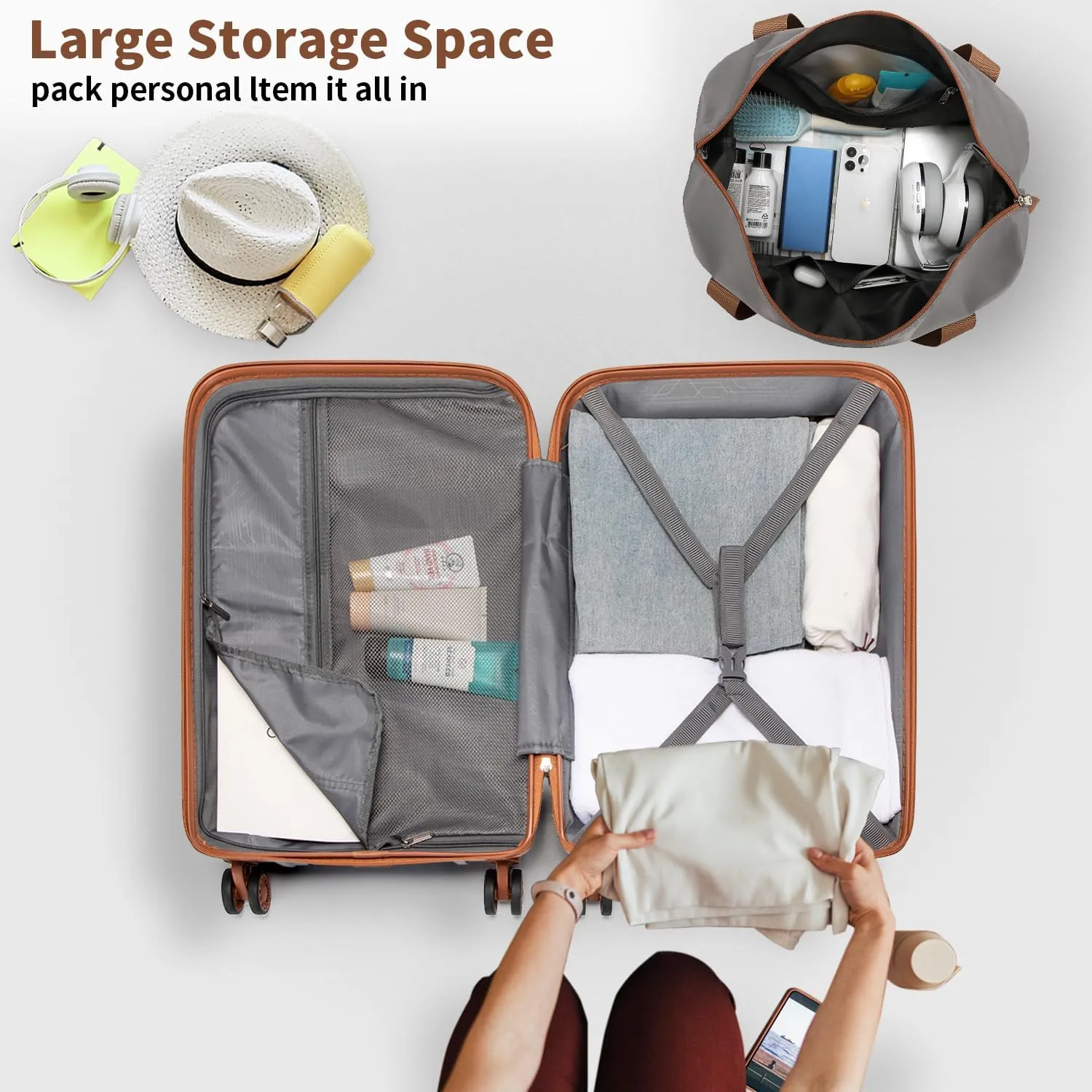 Kono Luggage Sets 3 Piece Hard Shell Travel Trolley 4 Spinner Wheels Lightweight Polypropylene Suitcase with TSA Lock, Grey/Brown 3 piece set (DB/TB/20 inch)