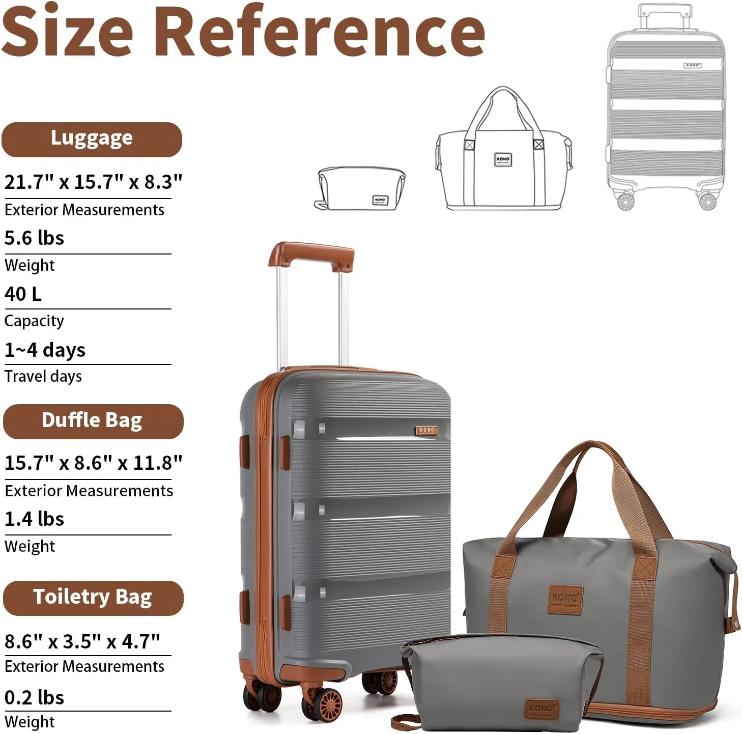 Kono Luggage Sets 3 Piece Hard Shell Travel Trolley 4 Spinner Wheels Lightweight Polypropylene Suitcase with TSA Lock, Grey/Brown 3 piece set (DB/TB/20 inch)