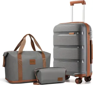 Kono Luggage Sets 3 Piece Hard Shell Travel Trolley 4 Spinner Wheels Lightweight Polypropylene Suitcase with TSA Lock, Grey/Brown 3 piece set (DB/TB/20 inch)