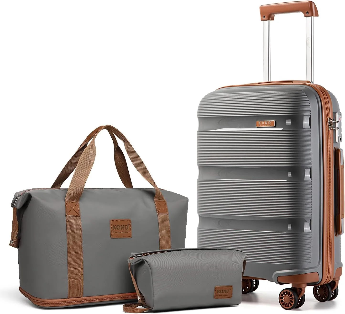 Kono Luggage Sets 3 Piece Hard Shell Travel Trolley 4 Spinner Wheels Lightweight Polypropylene Suitcase with TSA Lock, Grey/Brown 3 piece set (DB/TB/20 inch)