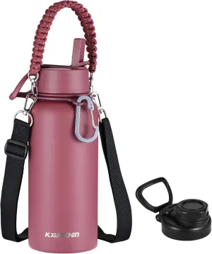 KXIAOCHEN Insulated Water Bottle, Stainless Steel Water Bottle, 2 Lids (Straw and Handle Lid),Wide Mouth Metal Water Bottles Keep Hot and Cold, Double Walled, Thermo Mug, Metal Canteen