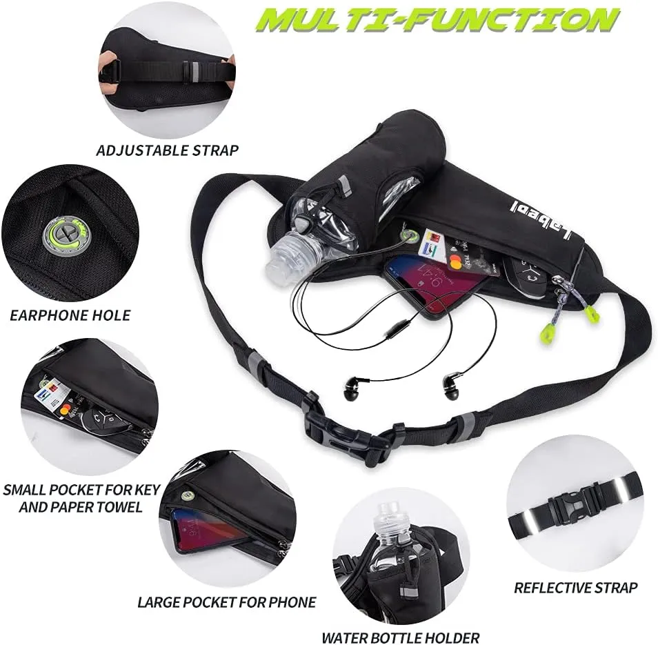 Labeol Waist Pack, Waterproof Hydration Belt with Water Bottle Holder, Adjustable Fanny Pack for Running, Hiking, Walking, Cycling, Black