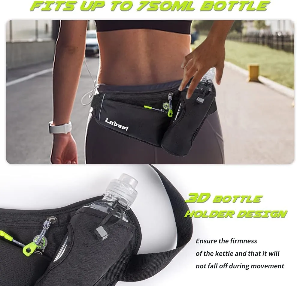 Labeol Waist Pack, Waterproof Hydration Belt with Water Bottle Holder, Adjustable Fanny Pack for Running, Hiking, Walking, Cycling, Black