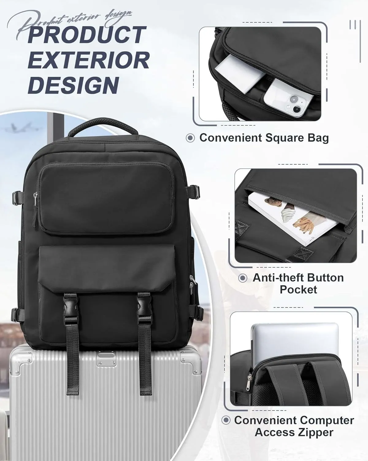 Large Black Travel Backpack for Women Men, Carry On Backpack with USB Charging Port & Shoe Pouch, TSA 15.6inch, Flight Approved, College Nurse Bag Casual Laptop Daypack for Weekender Business Hiking
