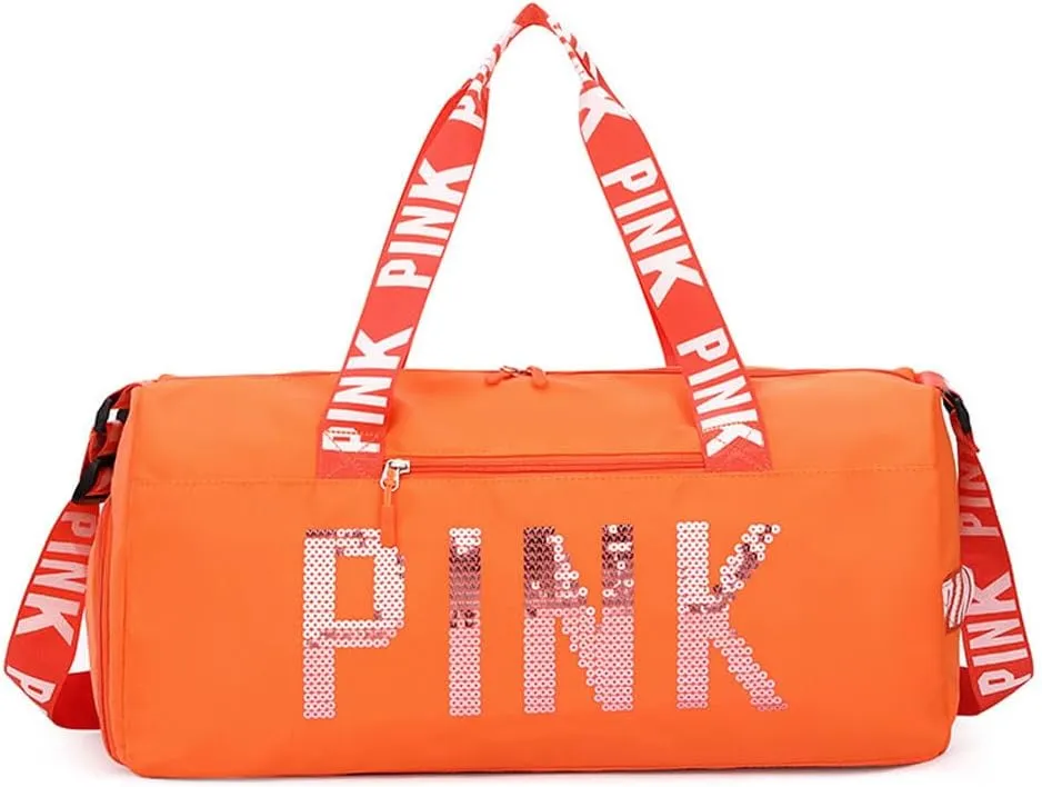 Large Duffle Bag For Women, Sports Duffel Bag for Gym with Wet Pocket & Shoe Compartment, Overnight Weekender Travel Bag (Orange)