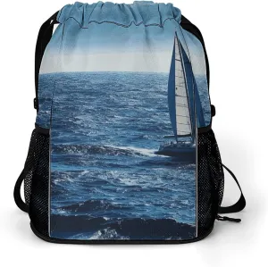 Large Sports Drawstring Backpack Blue Sea Sailboat Printed with Dry-Wet Separation | Digital Print Gym Sack | Waterproof Fabric | Shoe Compartment & PVC Pocket | Hydration Mesh for Fitness, Travel, Wo