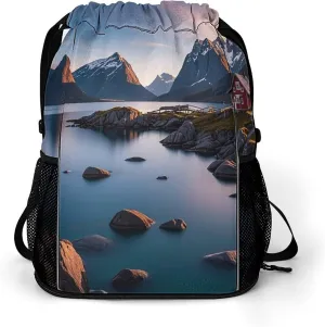 Large Sports Drawstring Backpack Norway Islands Printed with Dry-Wet Separation | Digital Print Gym Sack | Waterproof Fabric | Shoe Compartment & PVC Pocket | Hydration Mesh for Fitness, Travel, Work