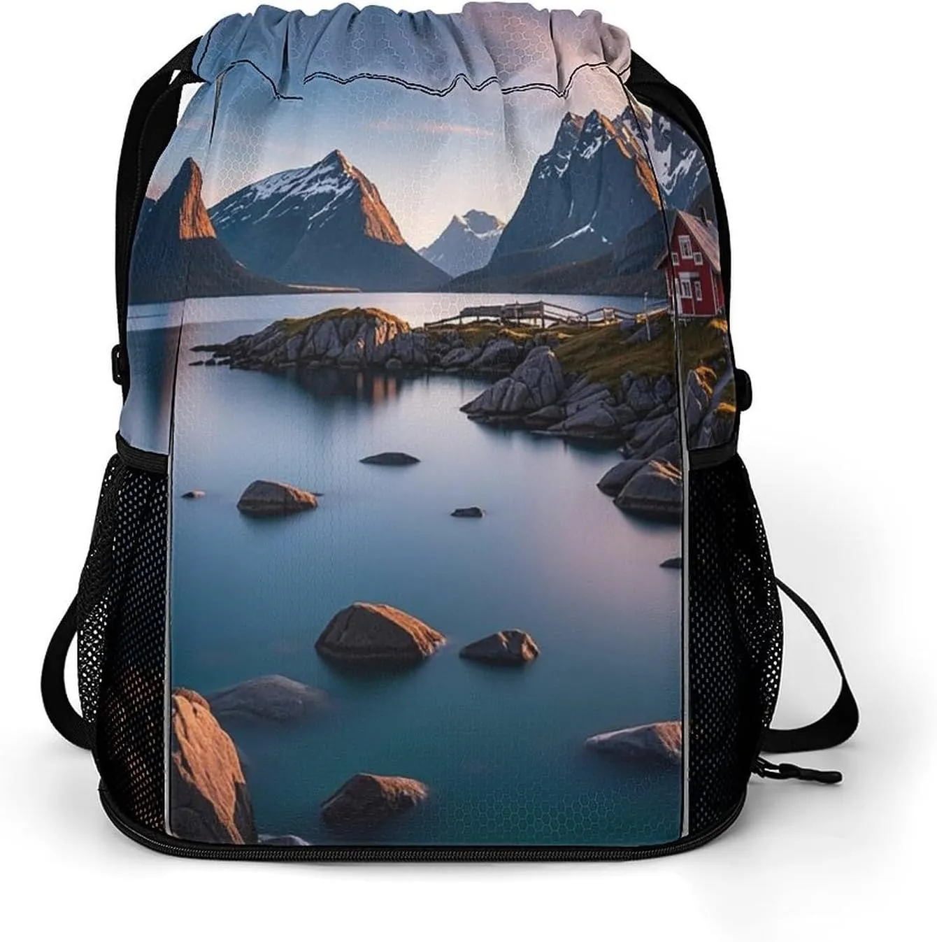 Large Sports Drawstring Backpack Norway Islands Printed with Dry-Wet Separation | Digital Print Gym Sack | Waterproof Fabric | Shoe Compartment & PVC Pocket | Hydration Mesh for Fitness, Travel, Work