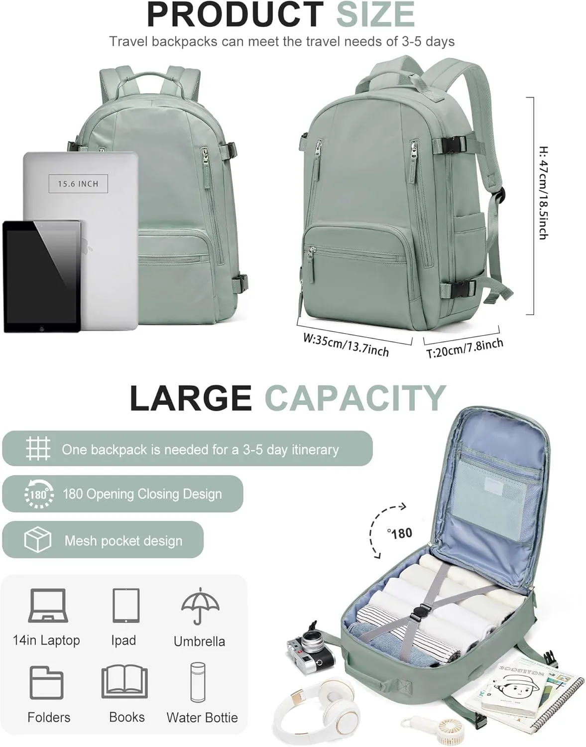 Large Travel Backpack for Women Men, Carry On Backpack, Hiking Backpack Waterproof Outdoor Sports Rucksack Casual Work Gym Weekender Daypack Travel Essentials（simple, Army green）