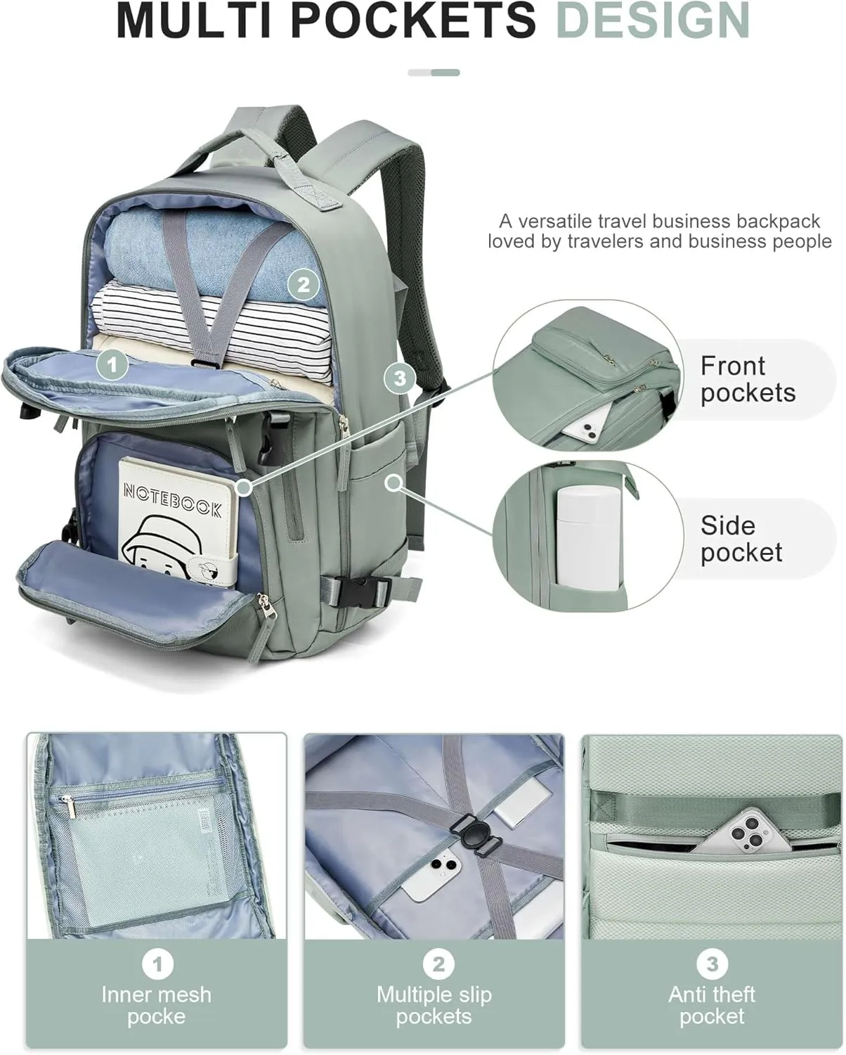 Large Travel Backpack for Women Men, Carry On Backpack, Hiking Backpack Waterproof Outdoor Sports Rucksack Casual Work Gym Weekender Daypack Travel Essentials（simple, Army green）