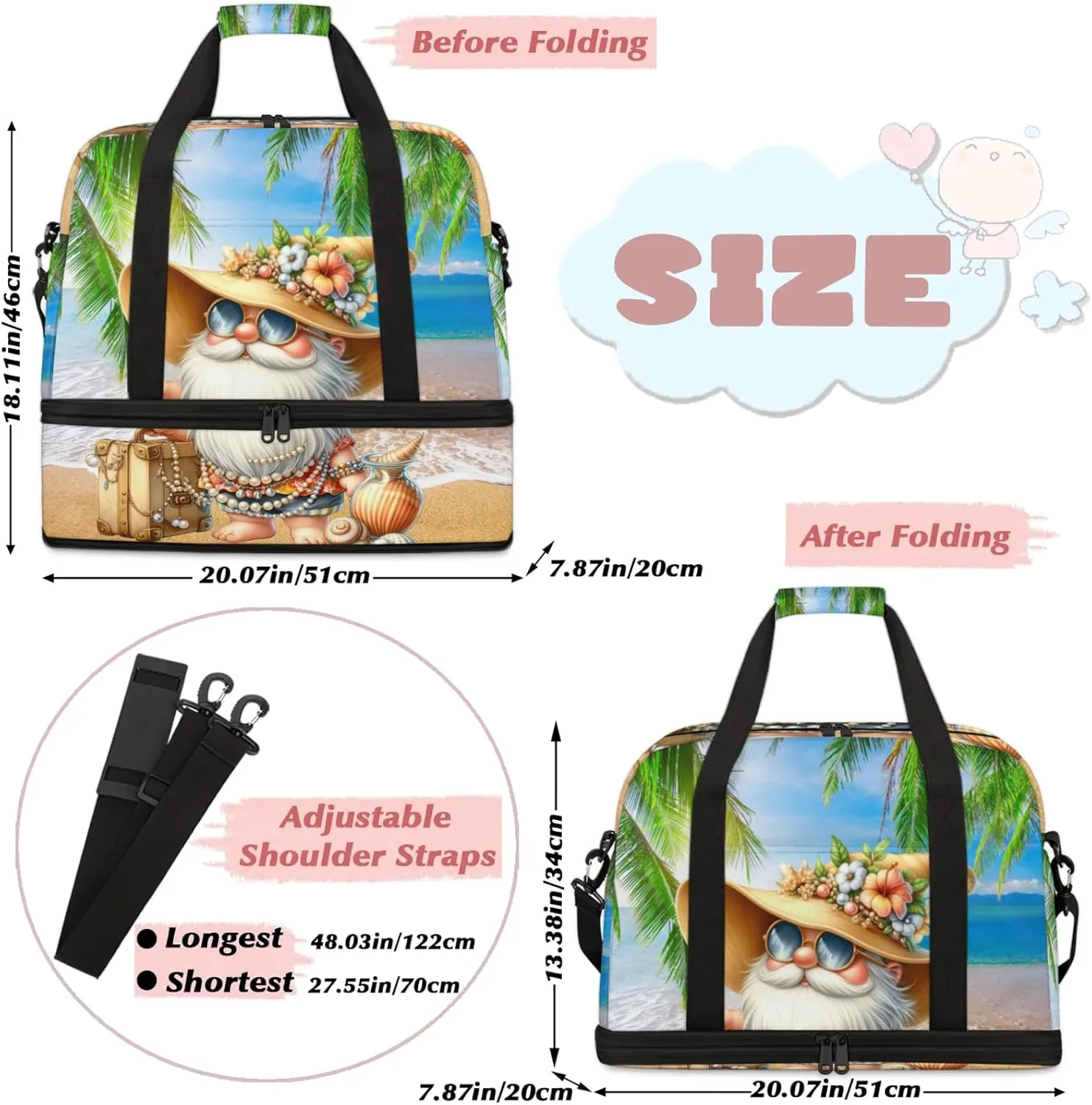 Large Travel Duffel Bag for Women Men Gnome Beach Palm Leaf Gym Bag Weekender Overnight Bags With Shoe Compartment Foldie Travel Tote Bag Carry On Personal Item Bag for Travel Gym Sports