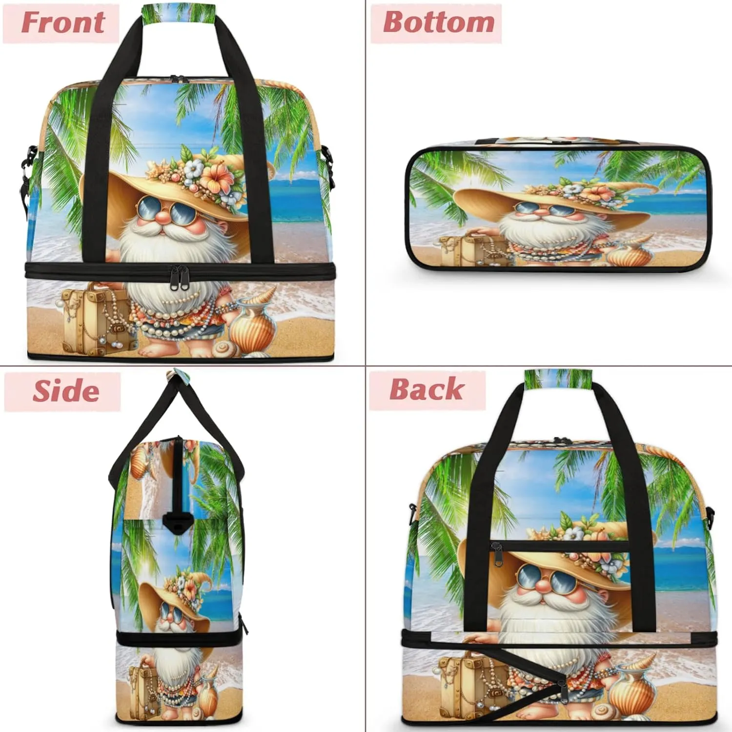 Large Travel Duffel Bag for Women Men Gnome Beach Palm Leaf Gym Bag Weekender Overnight Bags With Shoe Compartment Foldie Travel Tote Bag Carry On Personal Item Bag for Travel Gym Sports