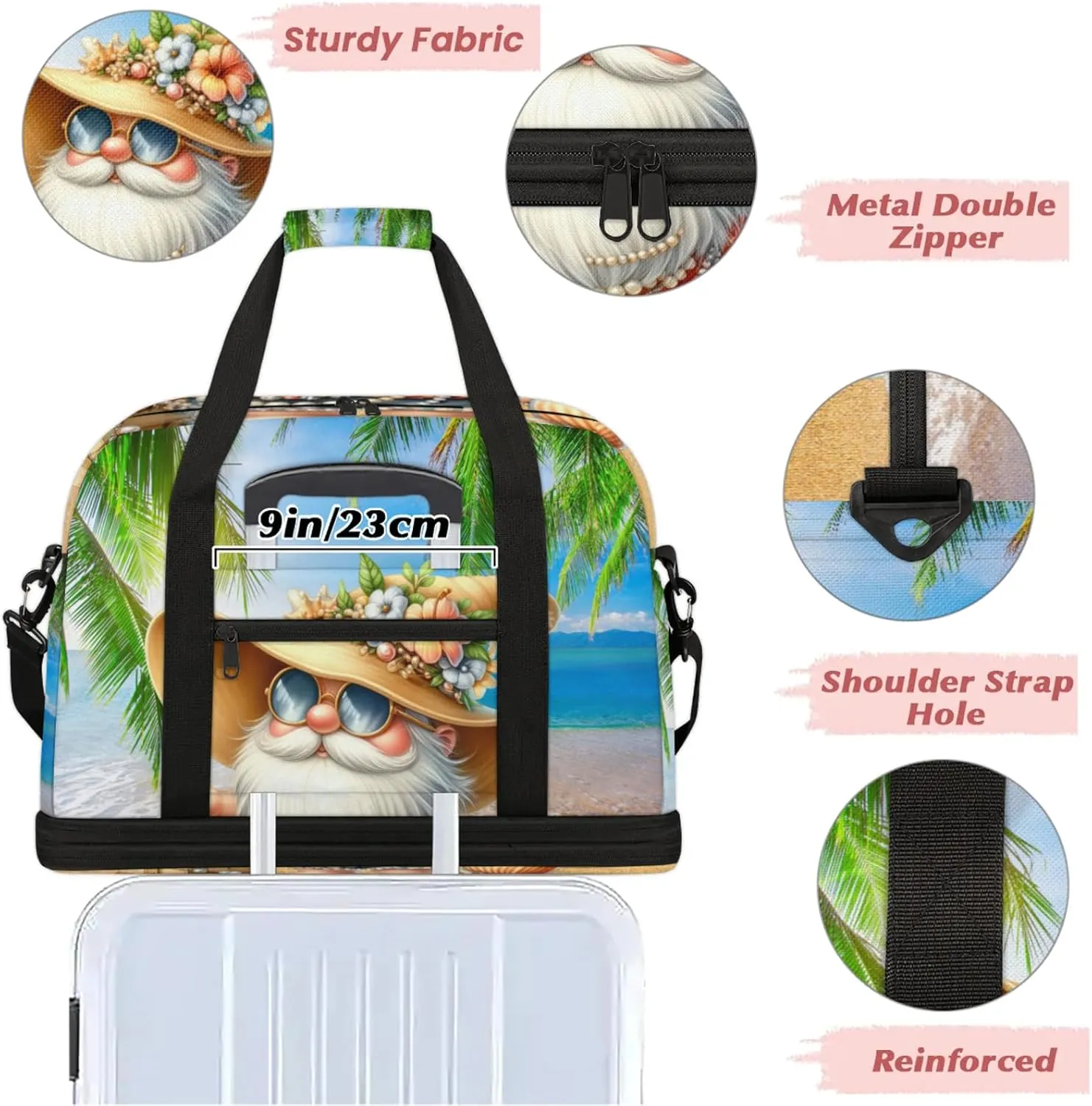Large Travel Duffel Bag for Women Men Gnome Beach Palm Leaf Gym Bag Weekender Overnight Bags With Shoe Compartment Foldie Travel Tote Bag Carry On Personal Item Bag for Travel Gym Sports