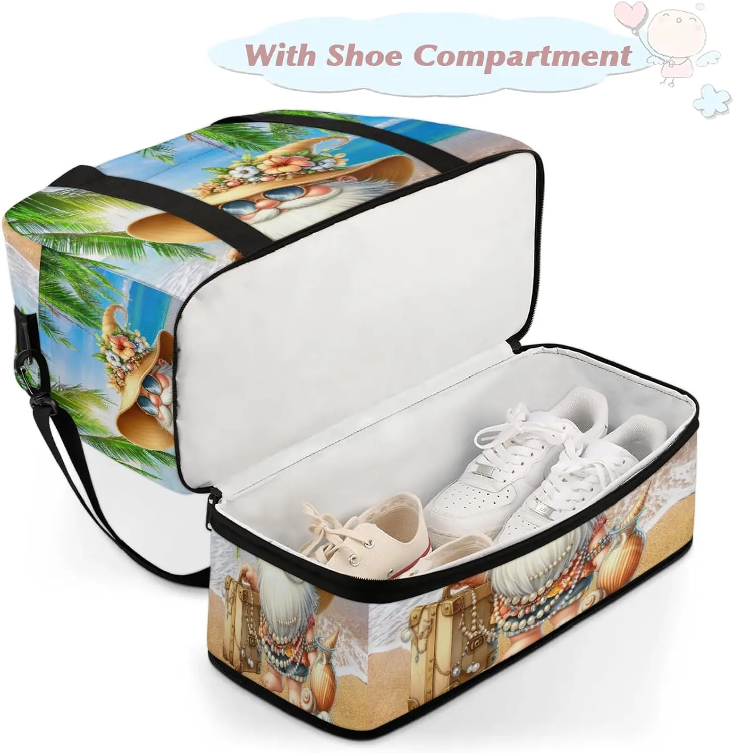 Large Travel Duffel Bag for Women Men Gnome Beach Palm Leaf Gym Bag Weekender Overnight Bags With Shoe Compartment Foldie Travel Tote Bag Carry On Personal Item Bag for Travel Gym Sports