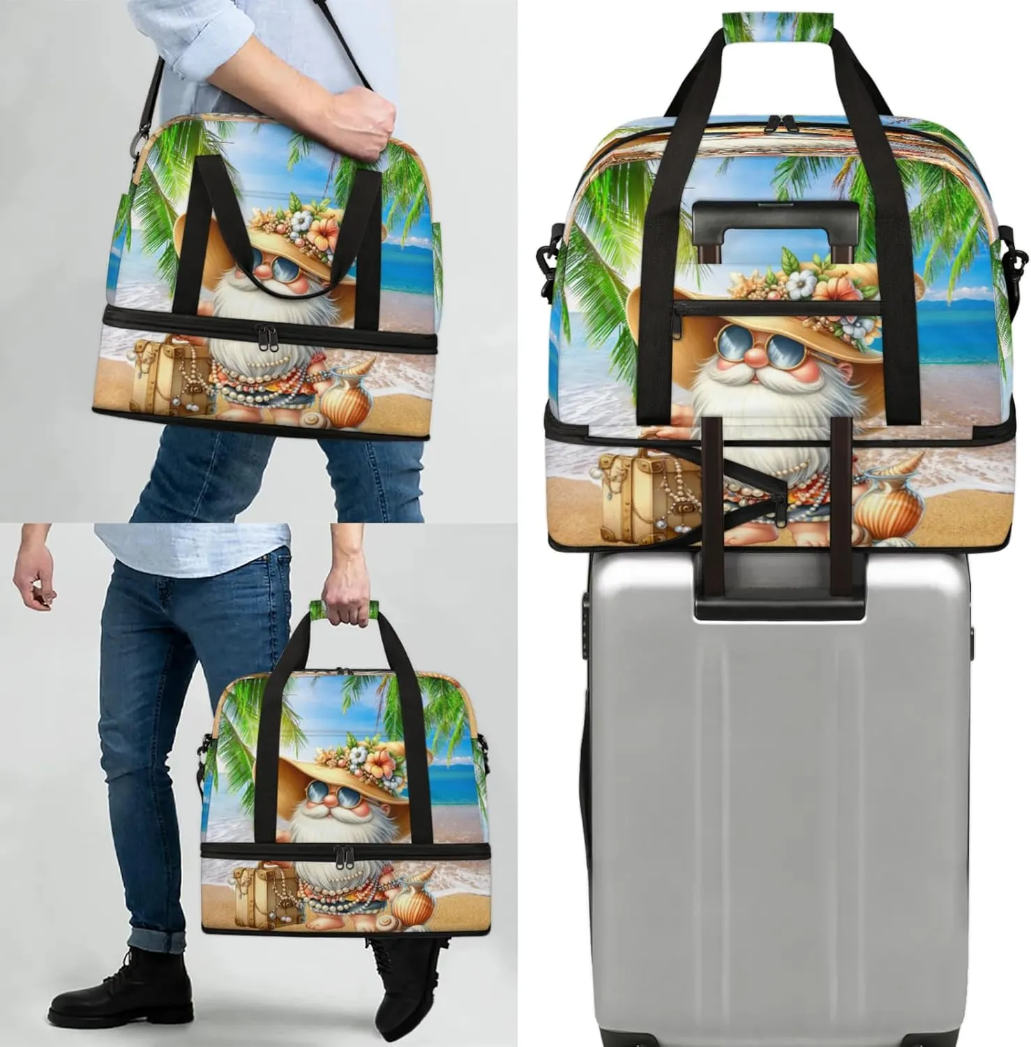 Large Travel Duffel Bag for Women Men Gnome Beach Palm Leaf Gym Bag Weekender Overnight Bags With Shoe Compartment Foldie Travel Tote Bag Carry On Personal Item Bag for Travel Gym Sports