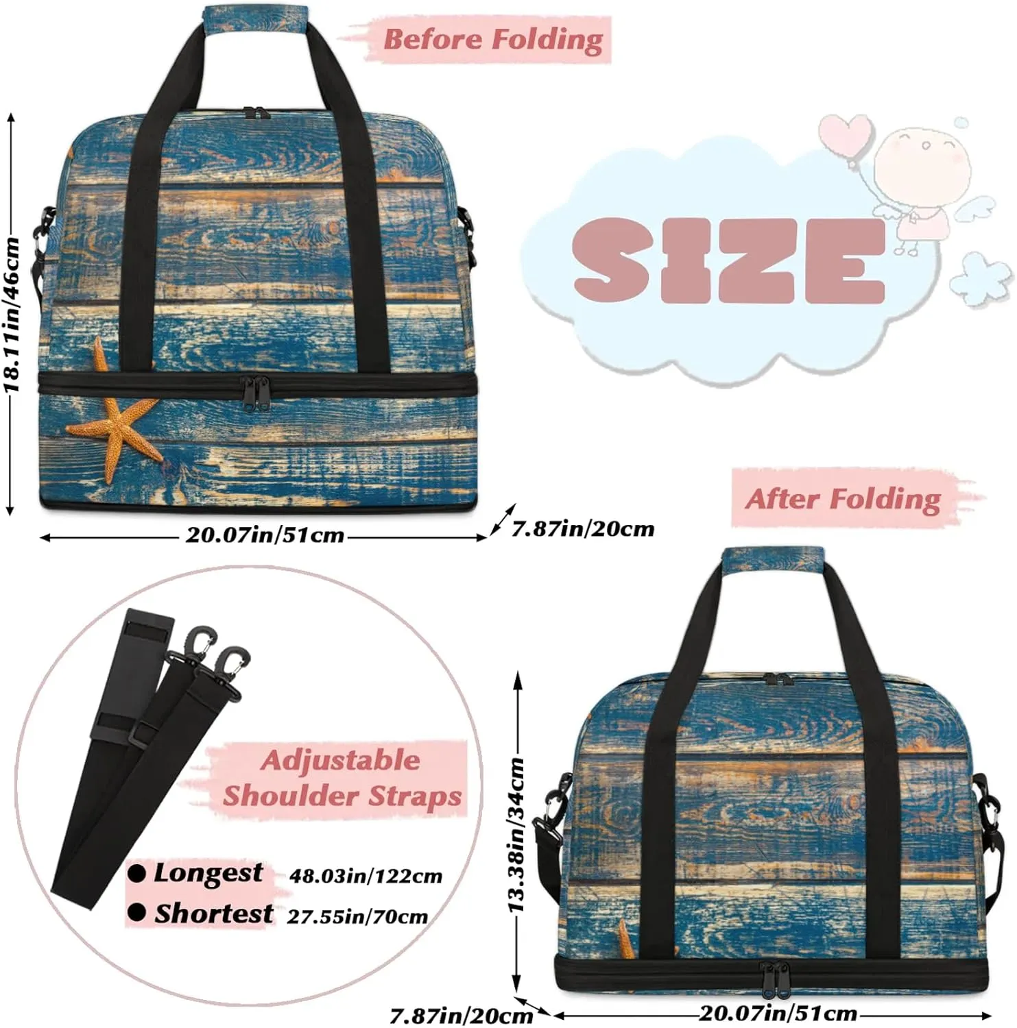 Large Travel Duffel Bag for Women Men Starfish Animal Wood Texture Gym Bag Weekender Overnight Bags With Shoe Compartment Foldie Travel Tote Bag Carry On Personal Item Bag for Travel Gym Sports