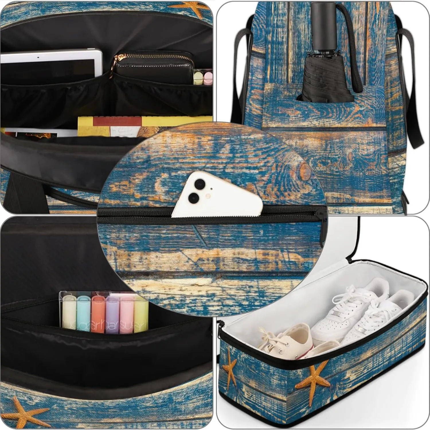 Large Travel Duffel Bag for Women Men Starfish Animal Wood Texture Gym Bag Weekender Overnight Bags With Shoe Compartment Foldie Travel Tote Bag Carry On Personal Item Bag for Travel Gym Sports