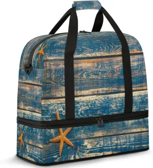 Large Travel Duffel Bag for Women Men Starfish Animal Wood Texture Gym Bag Weekender Overnight Bags With Shoe Compartment Foldie Travel Tote Bag Carry On Personal Item Bag for Travel Gym Sports