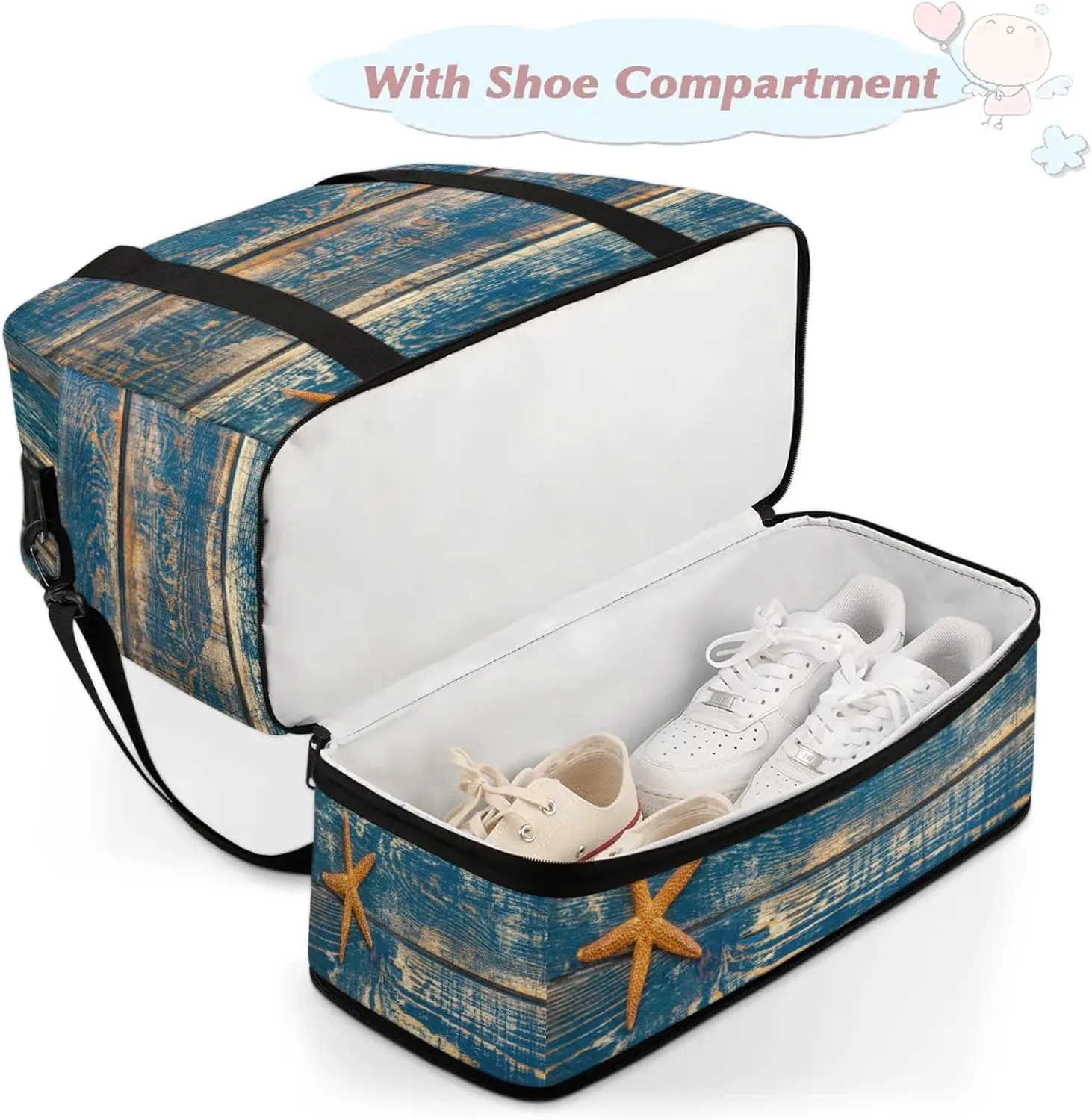 Large Travel Duffel Bag for Women Men Starfish Animal Wood Texture Gym Bag Weekender Overnight Bags With Shoe Compartment Foldie Travel Tote Bag Carry On Personal Item Bag for Travel Gym Sports