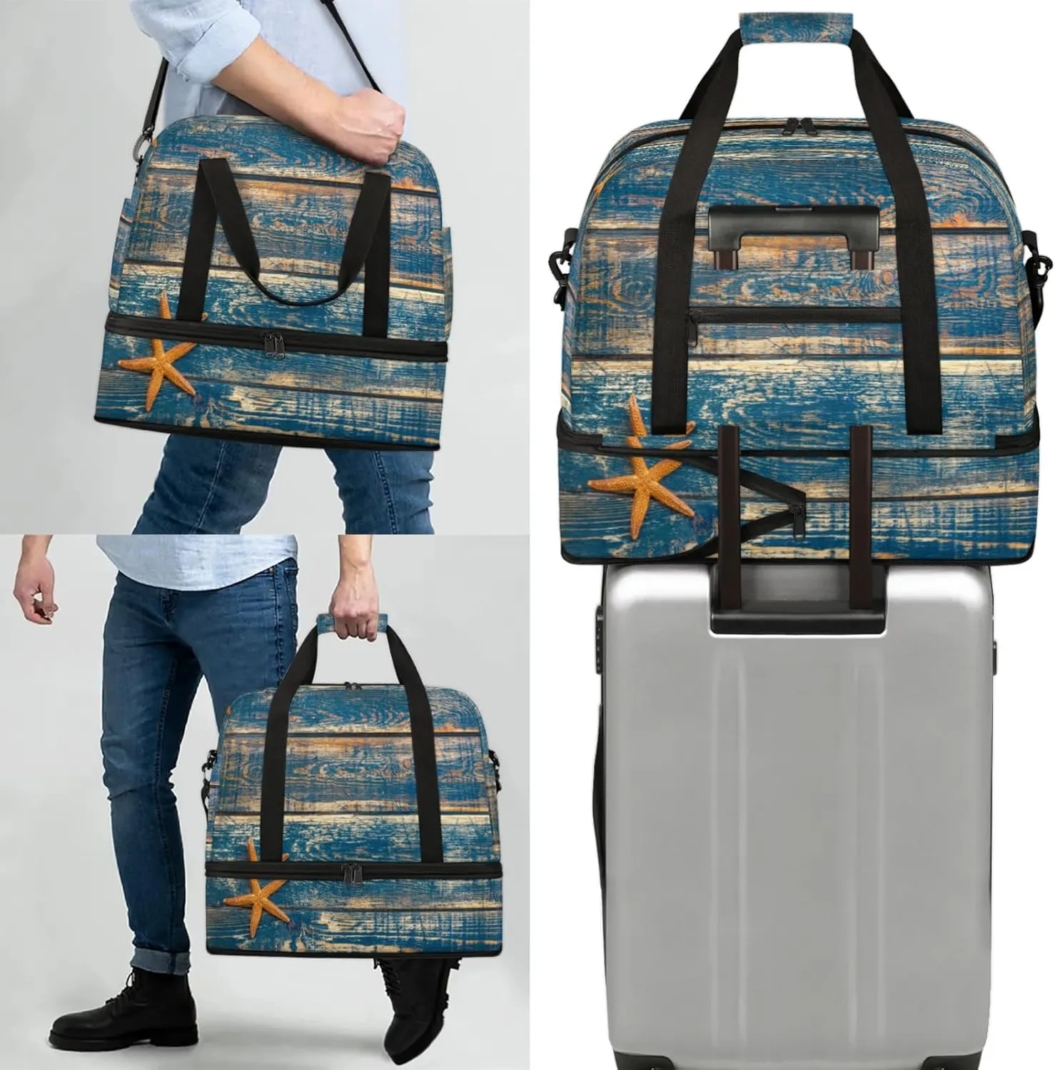 Large Travel Duffel Bag for Women Men Starfish Animal Wood Texture Gym Bag Weekender Overnight Bags With Shoe Compartment Foldie Travel Tote Bag Carry On Personal Item Bag for Travel Gym Sports