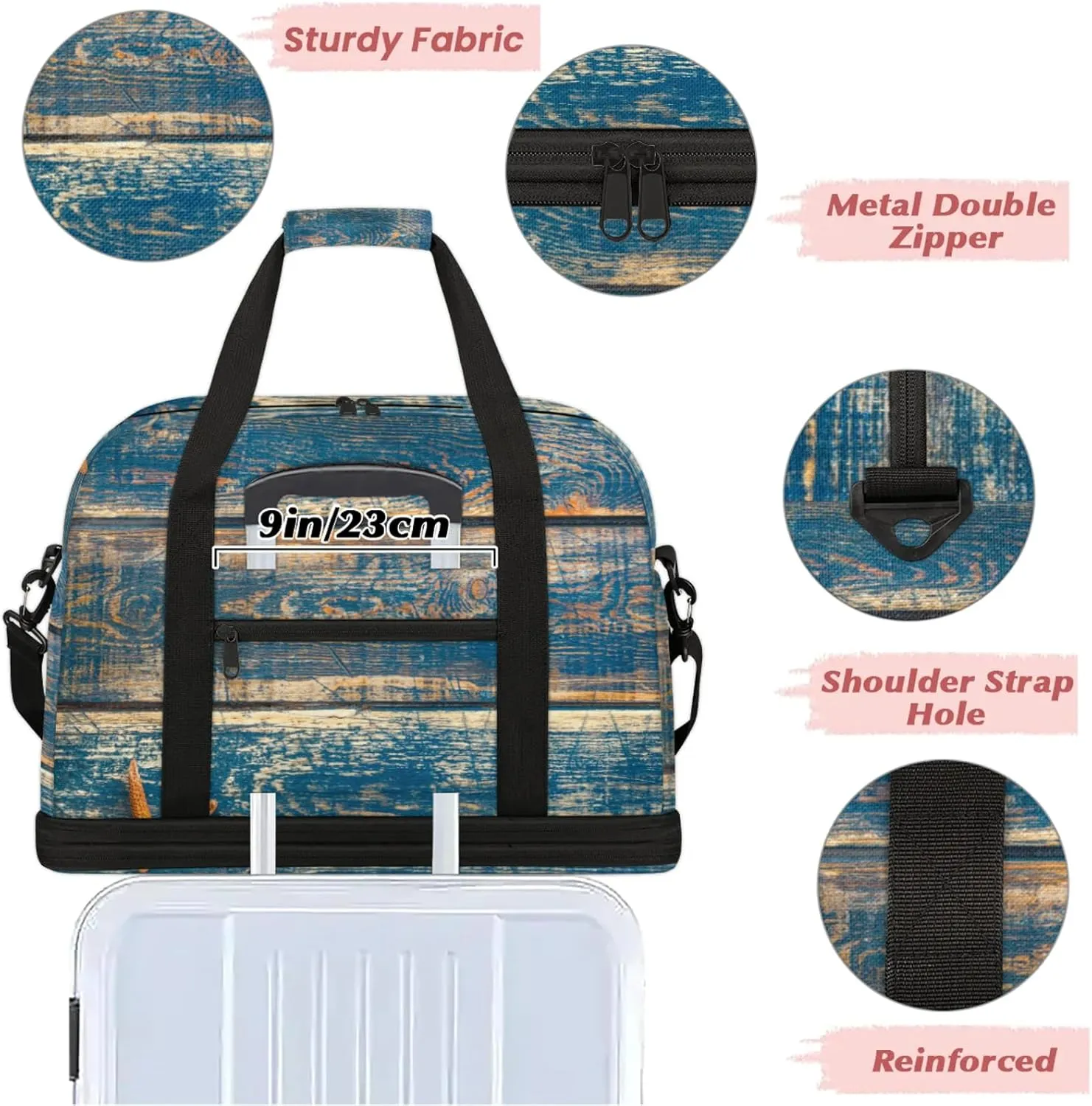 Large Travel Duffel Bag for Women Men Starfish Animal Wood Texture Gym Bag Weekender Overnight Bags With Shoe Compartment Foldie Travel Tote Bag Carry On Personal Item Bag for Travel Gym Sports