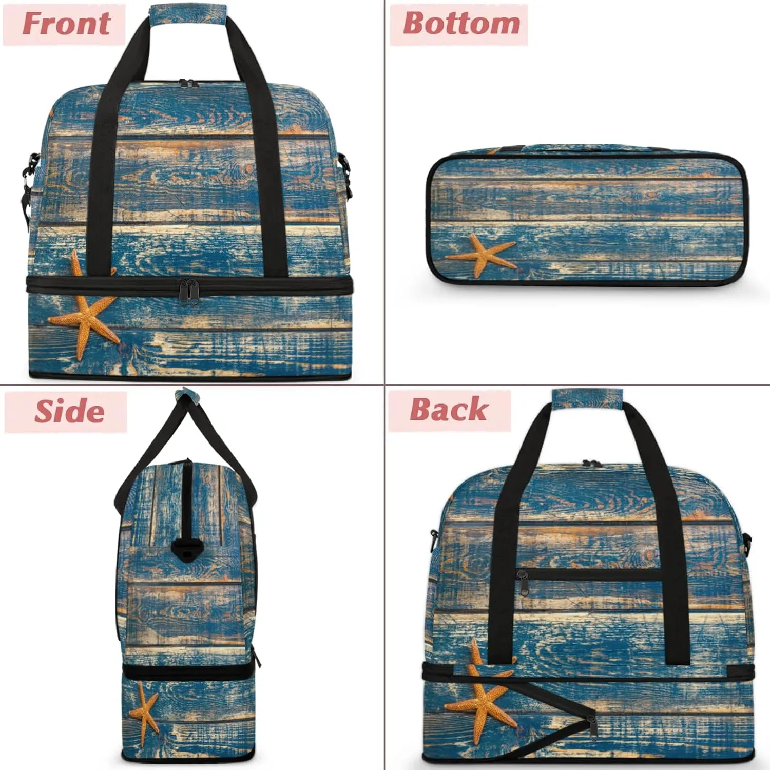 Large Travel Duffel Bag for Women Men Starfish Animal Wood Texture Gym Bag Weekender Overnight Bags With Shoe Compartment Foldie Travel Tote Bag Carry On Personal Item Bag for Travel Gym Sports