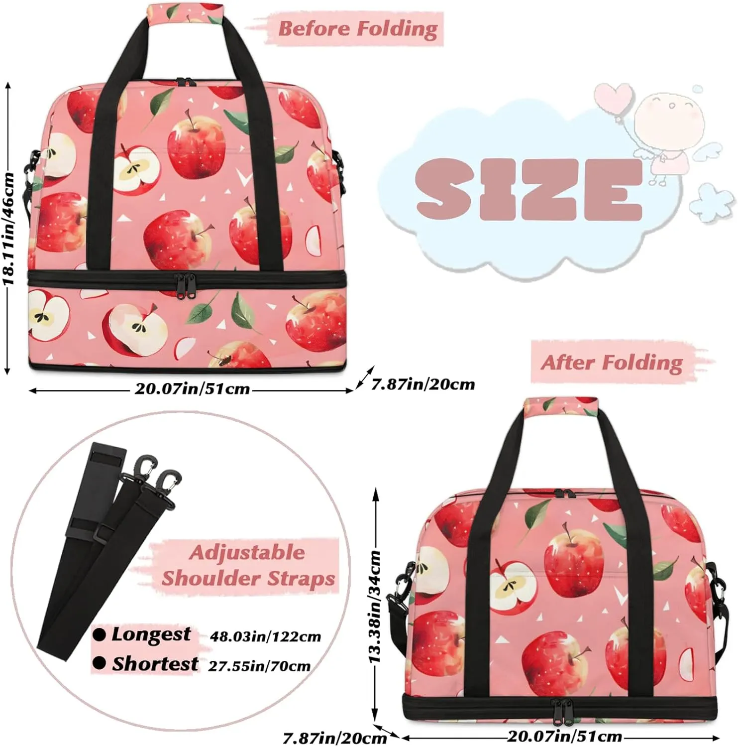 Large Weekender Overnight Bags Watercolor Fruit Apple Travel Duffel Bag for Women Men Gym Bags With Shoe Compartment Foldie Travel Tote Bag Carry On Personal Item Bag for Travel Gym Sports