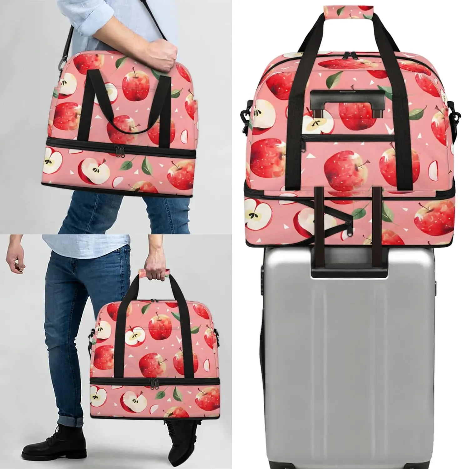 Large Weekender Overnight Bags Watercolor Fruit Apple Travel Duffel Bag for Women Men Gym Bags With Shoe Compartment Foldie Travel Tote Bag Carry On Personal Item Bag for Travel Gym Sports