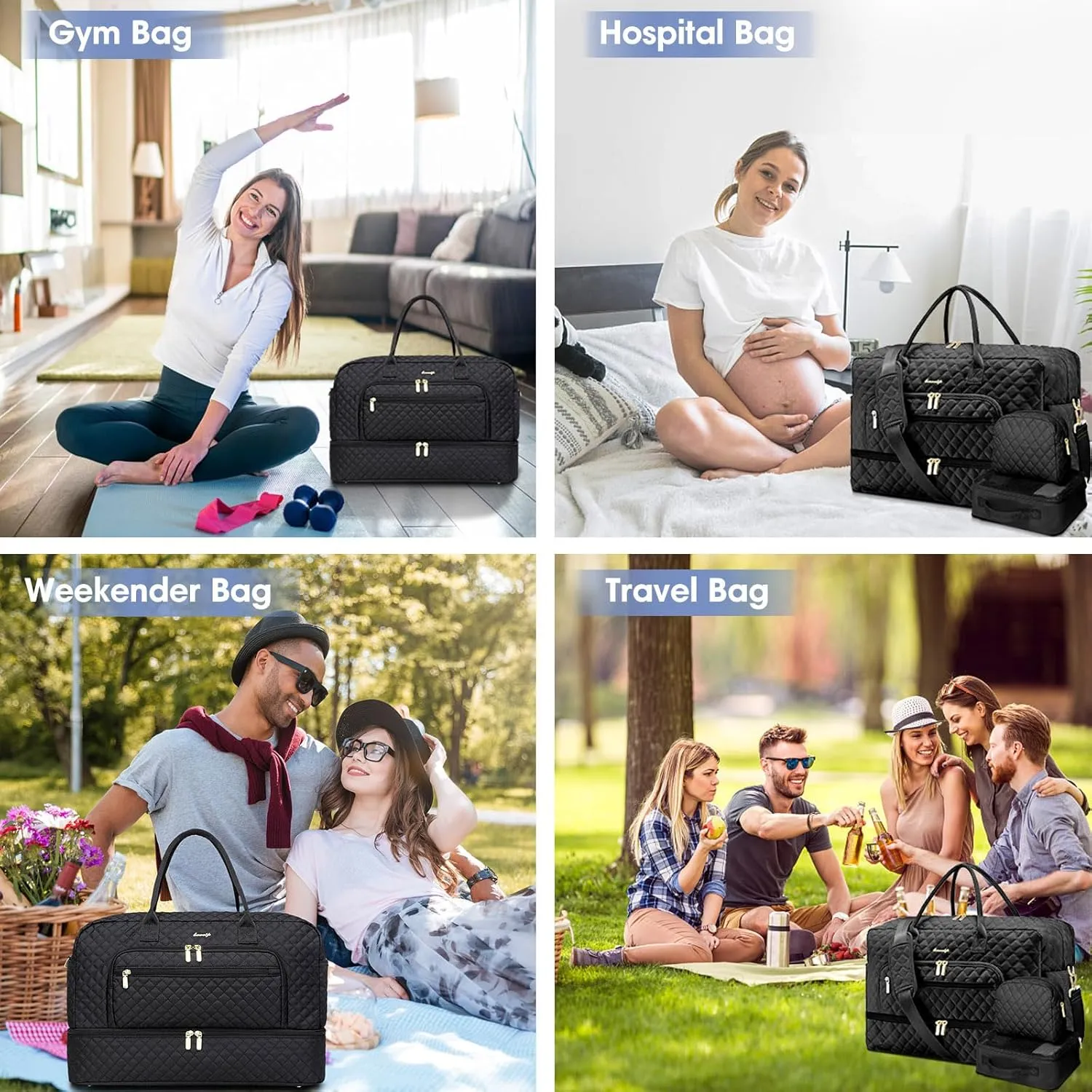 Large Women's Travel Duffel, Weekender with Shoe Compartment, Carry On Overnight Bag, Gym Duffel with Wet Pocket, Hospital Bags Set