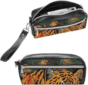 Leather Pencil Cases Tiger Botanical Print Pen Pouch Travel Cosmetic Bag for Purse Portable Makeup Brush Bag Holder Coin Purse for Women Makeup Case Purse Organizer