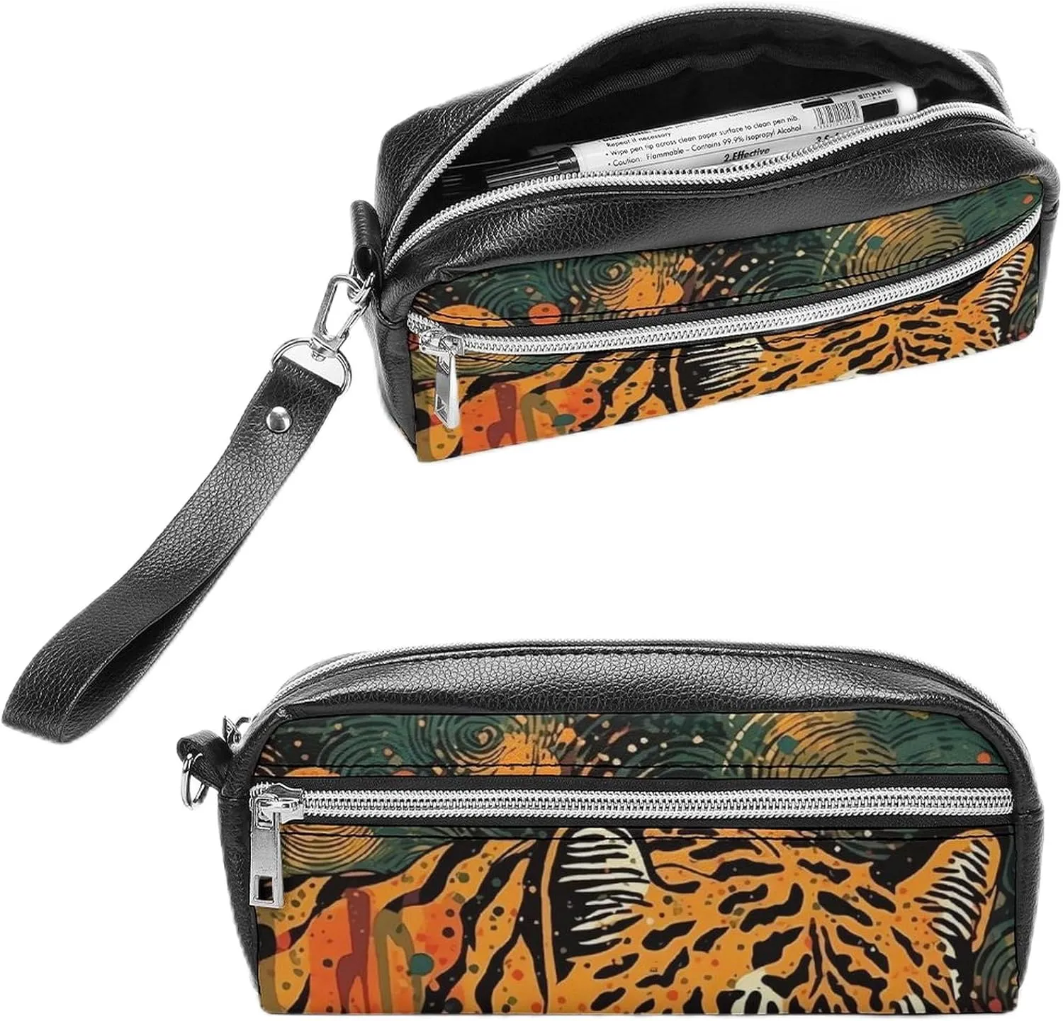 Leather Pencil Cases Tiger Botanical Print Pen Pouch Travel Cosmetic Bag for Purse Portable Makeup Brush Bag Holder Coin Purse for Women Makeup Case Purse Organizer