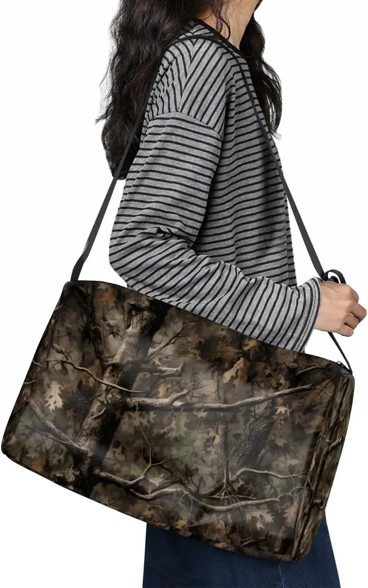 Leather Travel Duffle Bag for Women Men, Forest Tree Camo Small Sports Gym Bag Weekender Overnight Bags Underseat Carry on Luggage Bags for Airplanes, Personal Item Travel Bag,B-805