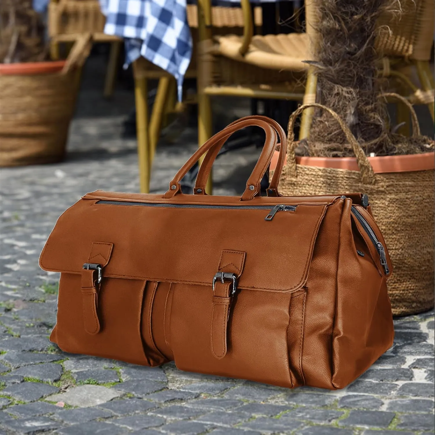 Leather Travel Weekender Bag Large Carry On Travel Tote Duffel Bag For men and Women - Brown