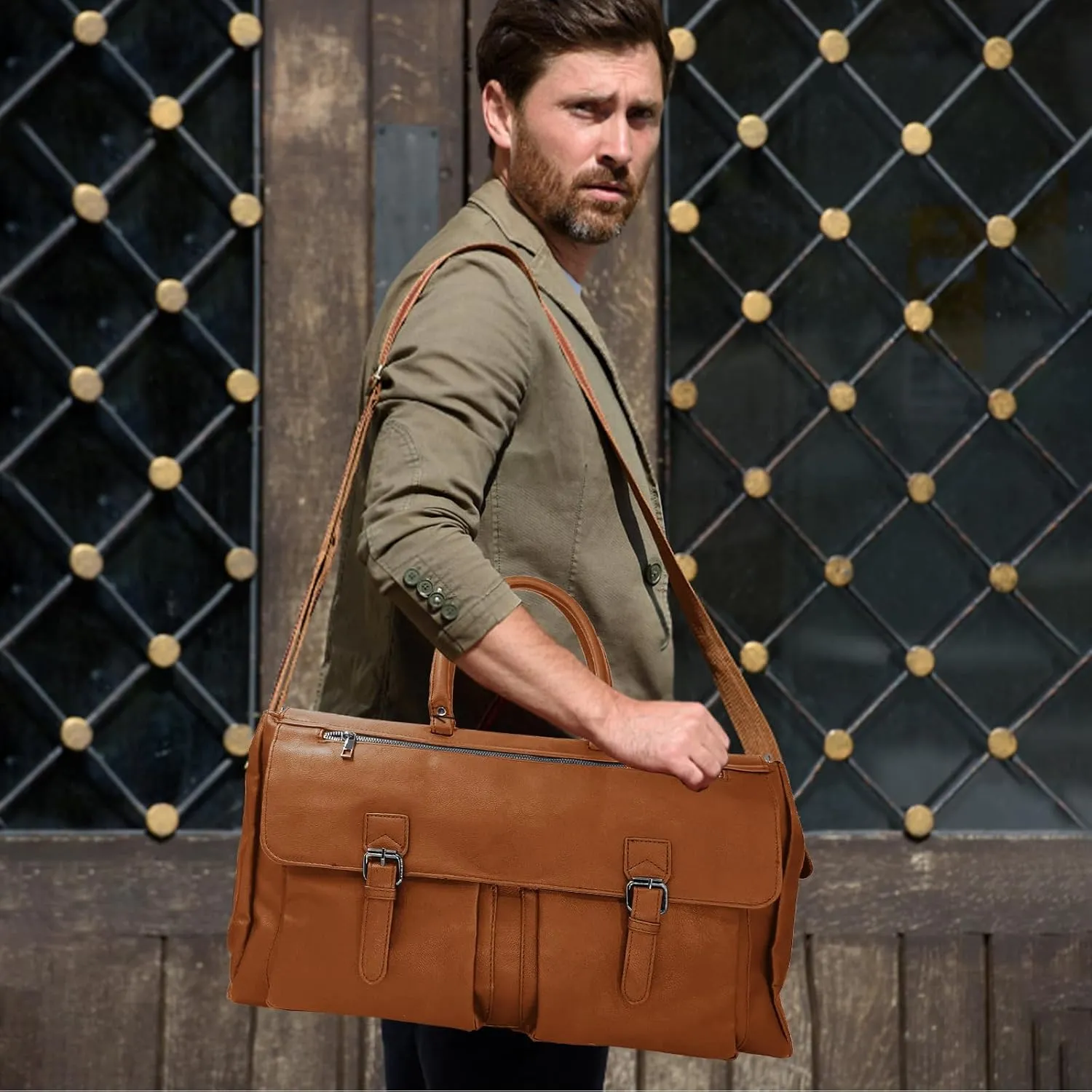 Leather Travel Weekender Bag Large Carry On Travel Tote Duffel Bag For men and Women - Brown