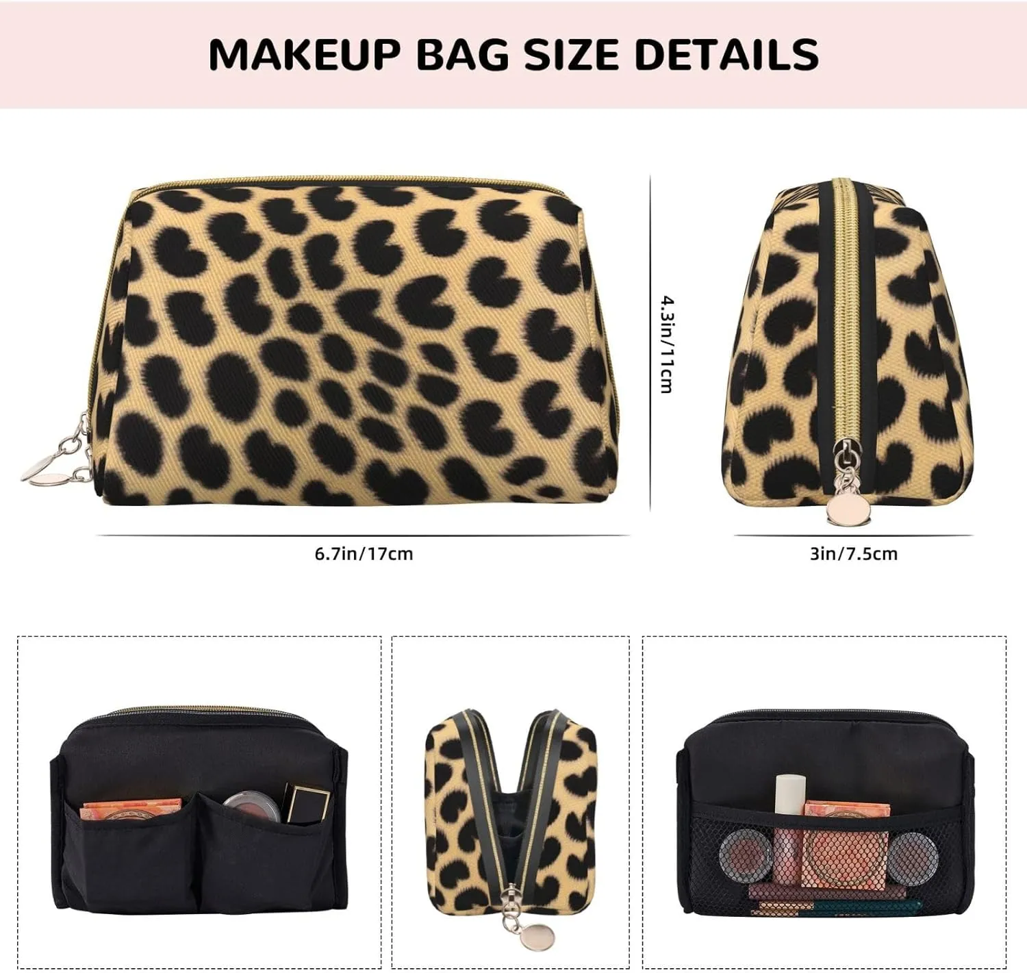 Leopard Animal Print Toiletry Pouch, Travel-Friendly Makeup Organizer For Makeup Brushes, Lipsticks
