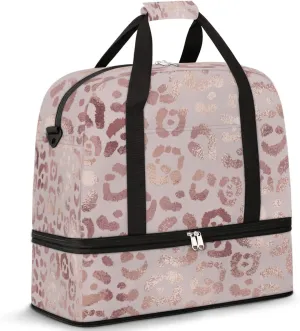 Leopard Print Cheetah Rose Gold Travel Duffle, Sports Gym Bag With Shoes Compartment, Weekender Overnight for Women Men