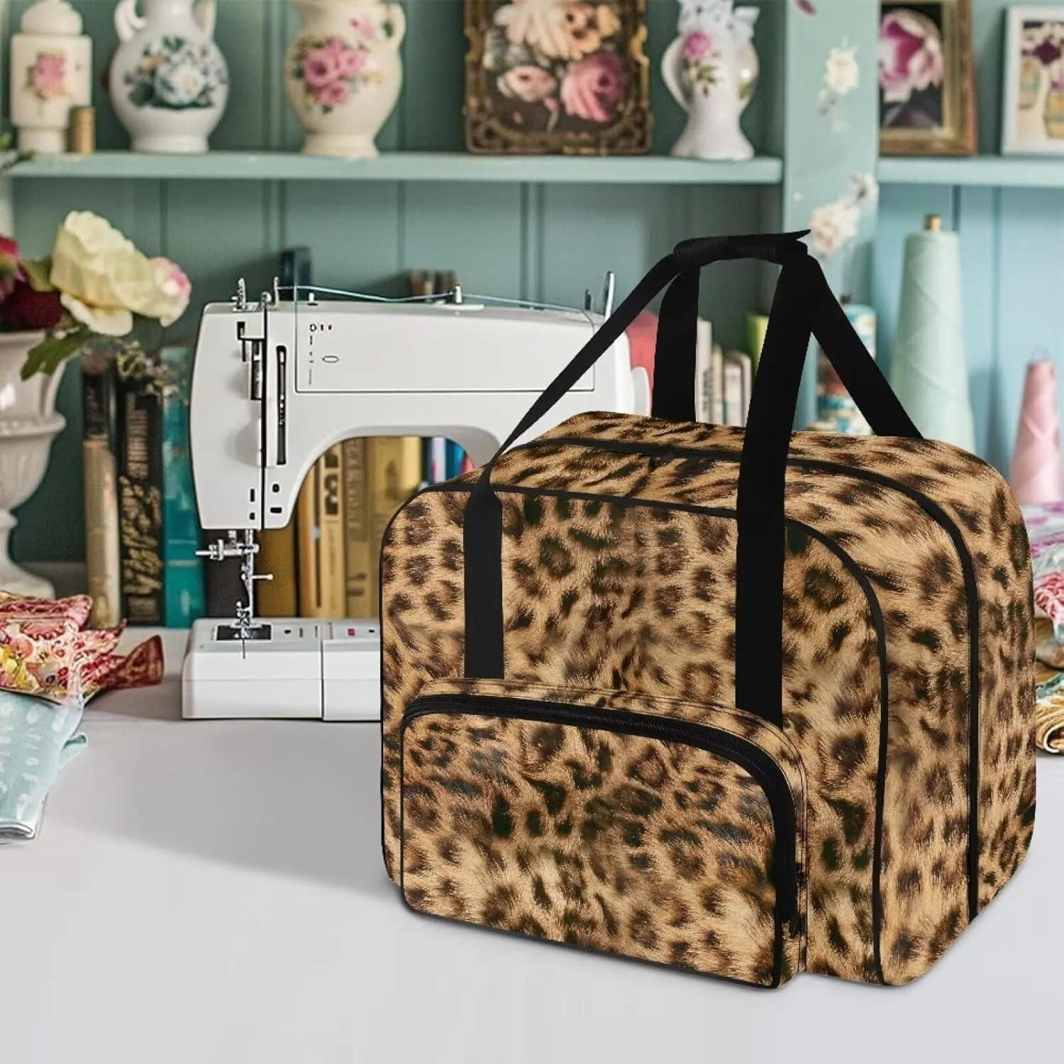 Leopard Sewing Machine Case Heavy Padded Tote Bag Portable Sewing Machine Handbag Dust Proof Compatible with Most Standard Sewing Machines