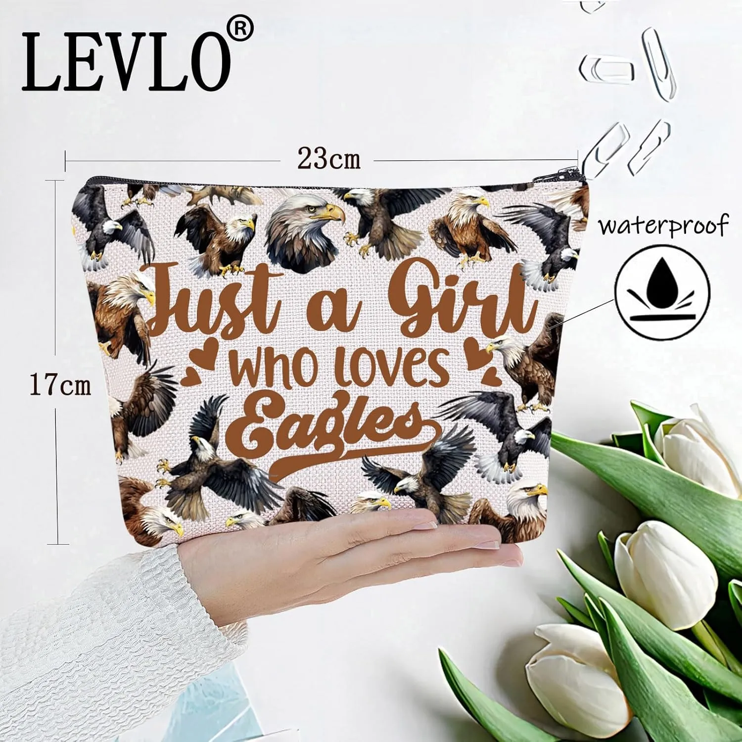 LEVLO Bald Eagle Cosmetic Makeup Bag - Eagle Lover Gift - Zipper Bag