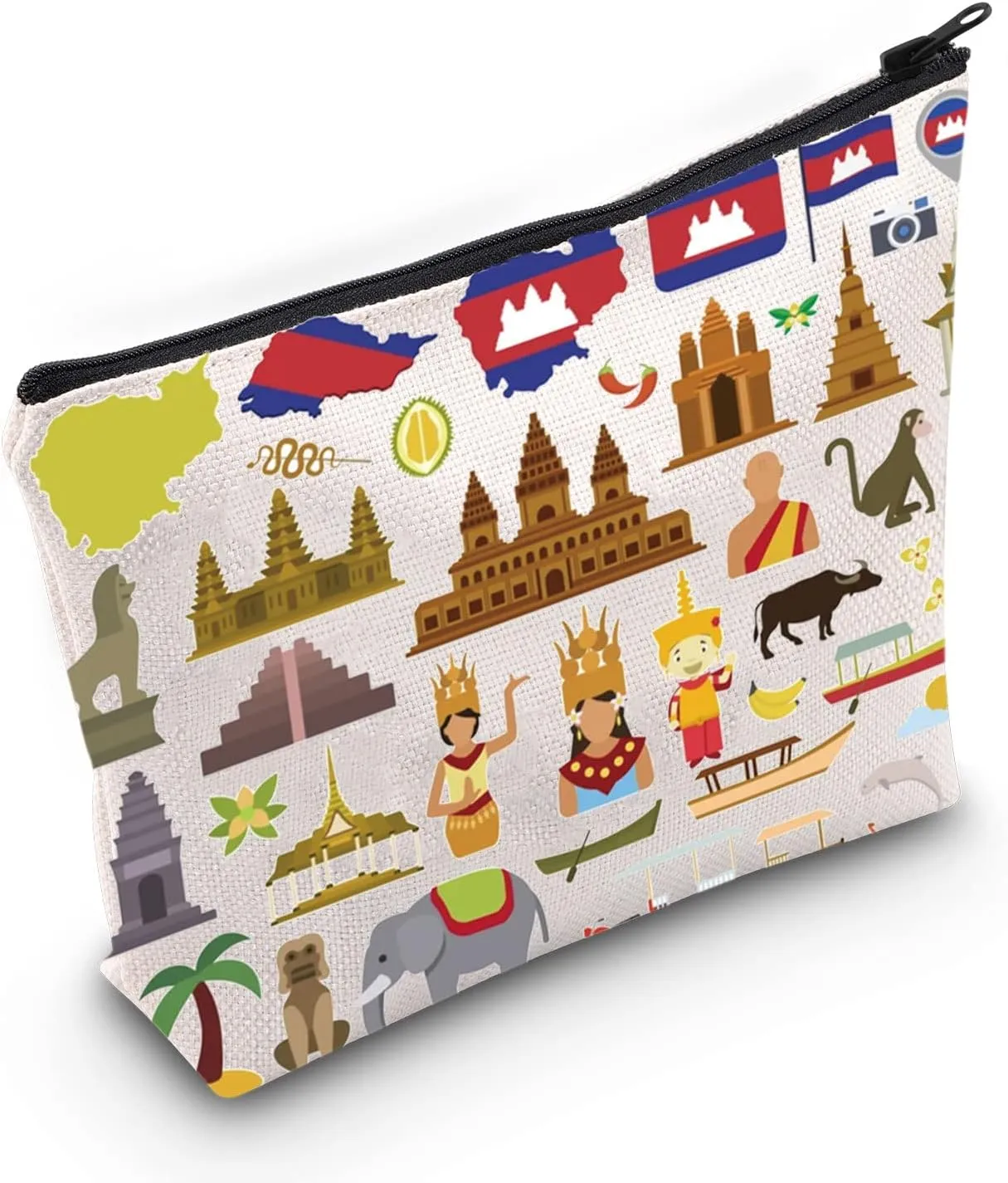 LEVLO Cambodia Travel Cosmetic Bag Cambodia Souvenir Gift Southeast Asia Theme Zipper Pouch Bag Thai Merch (Cambodia)