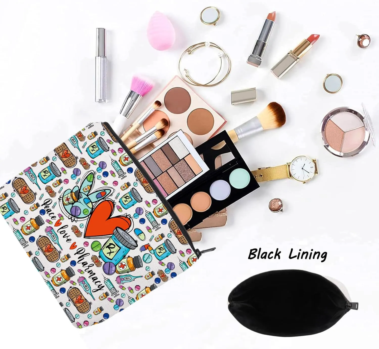 LEVLO Cosmetic Makeup Bag - Pharmacy Tech Gift - Graduation, Birthday - Zipper Pouch - Peace Love