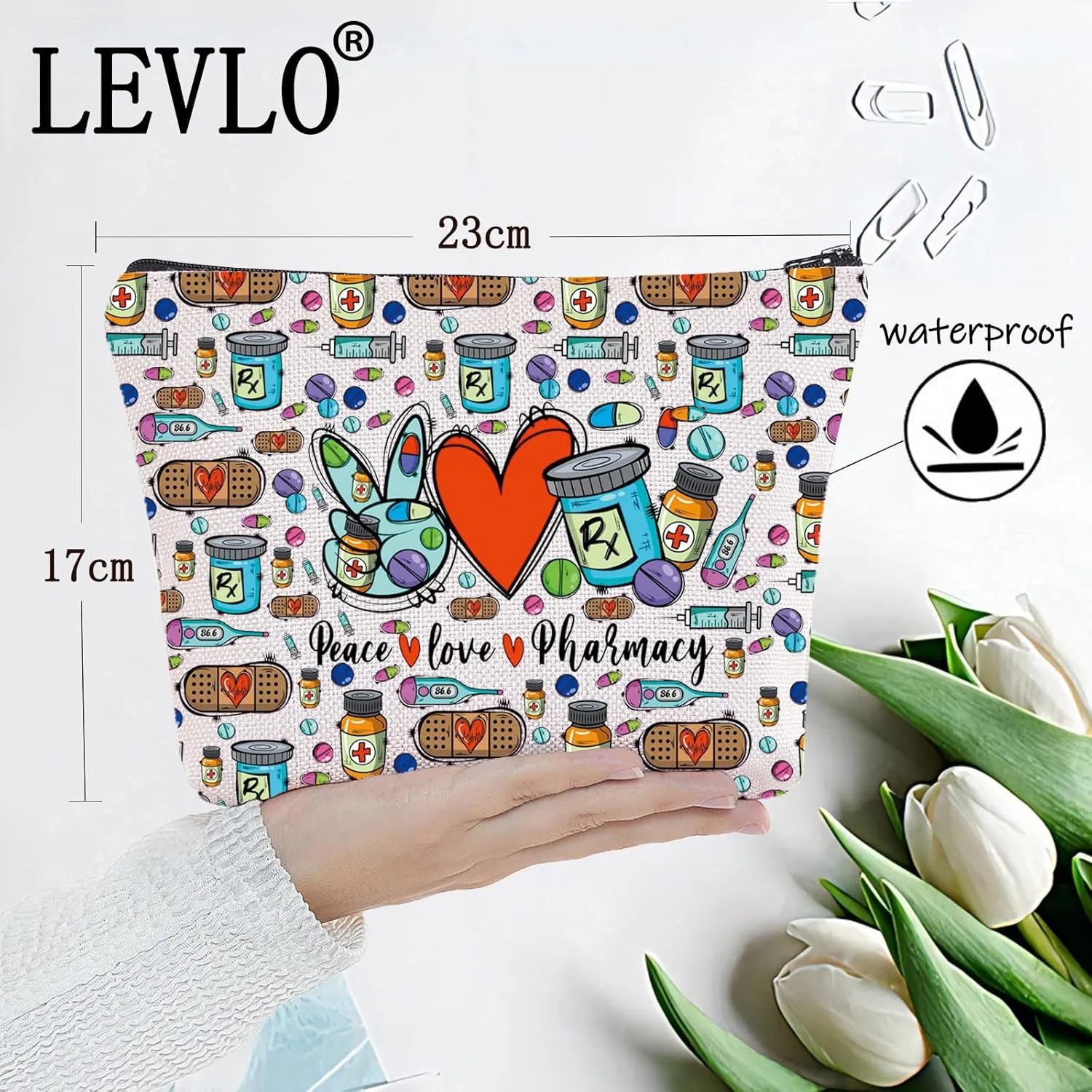LEVLO Cosmetic Makeup Bag - Pharmacy Tech Gift - Graduation, Birthday - Zipper Pouch - Peace Love