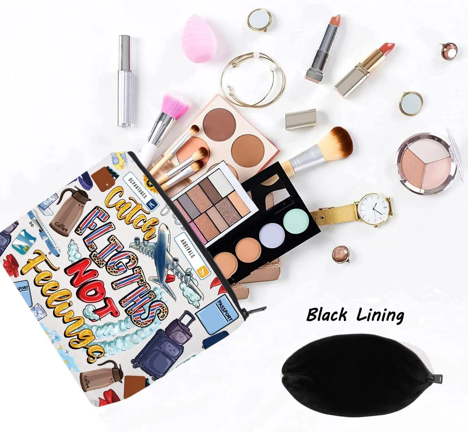 LEVLO Flight Attendant Cosmetic Make Up Bag Pilot Gift Catch The Flights Not Feelings Makeup Zipper Pouch Bag Airplane Traveler Gift (Flights Not Bag)