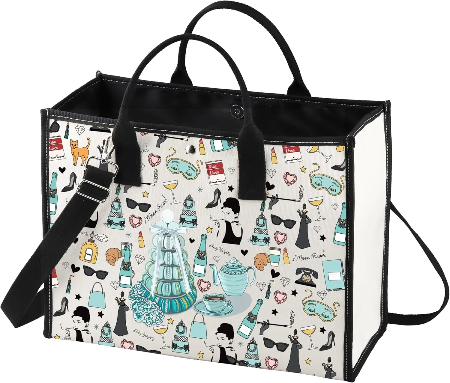 LEVLO Holly Golightly Cosmetic Makeup Bag - Unisex Adult - Light Black Cartoon Canvas Cosmetic Bag - 9.05 x 6.69 x 0.3 inches - Zipper Closure - Makeup, Travel, Gift